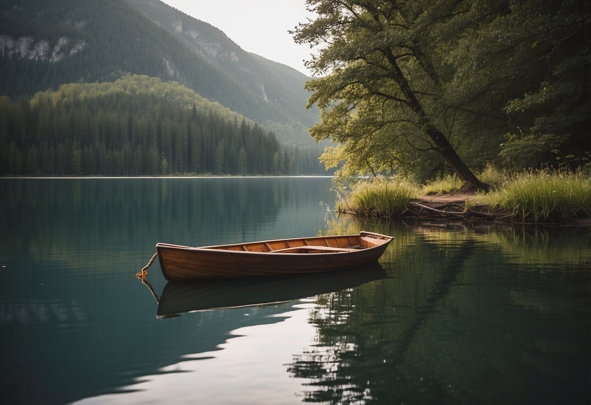 A boat floating on calm water, surrounded by untouched nature. No trash or pollution in sight. A serene and peaceful scene of responsible boating