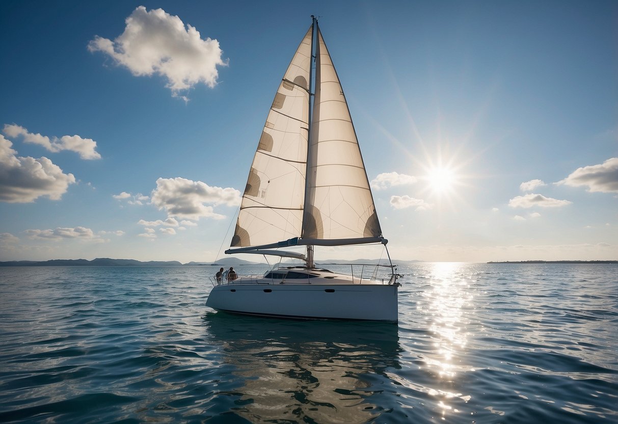 A boat sailing on calm, sun-drenched waters. The clear blue sky is dotted with fluffy white clouds. The boat's occupants are shaded by a large canopy, and a cooler sits nearby