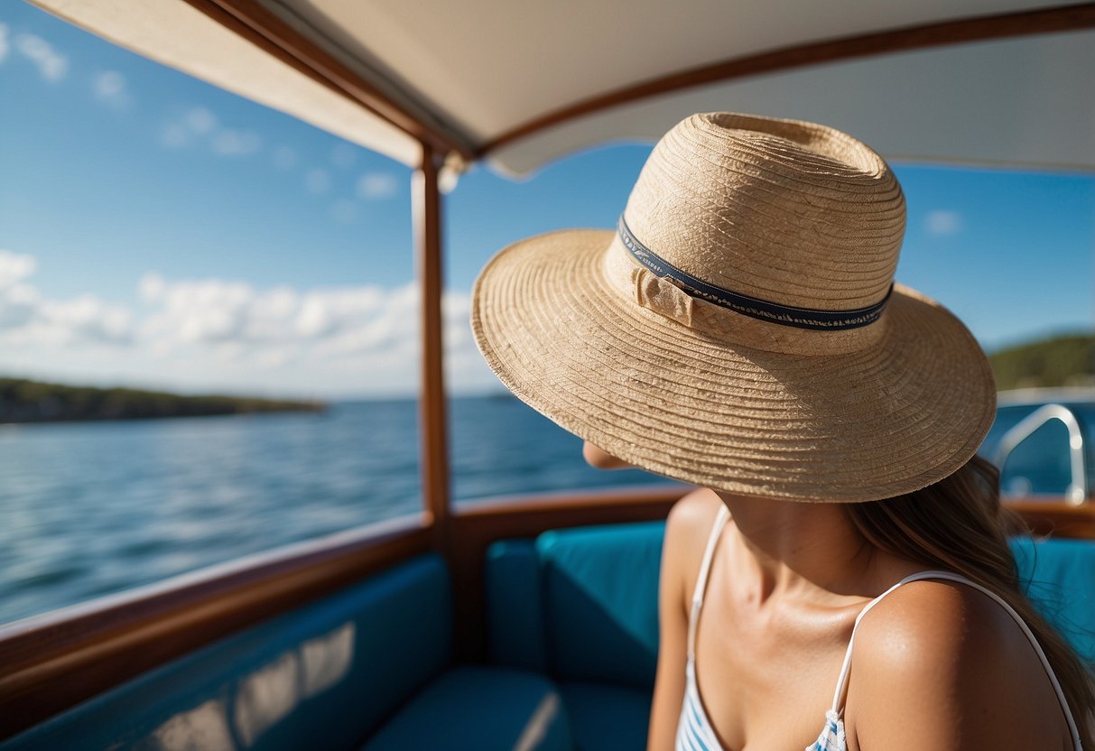 A sunny day on a boat with sunscreen, a hat, and sunglasses to protect from UV rays. Blue sky and water, with a warm breeze