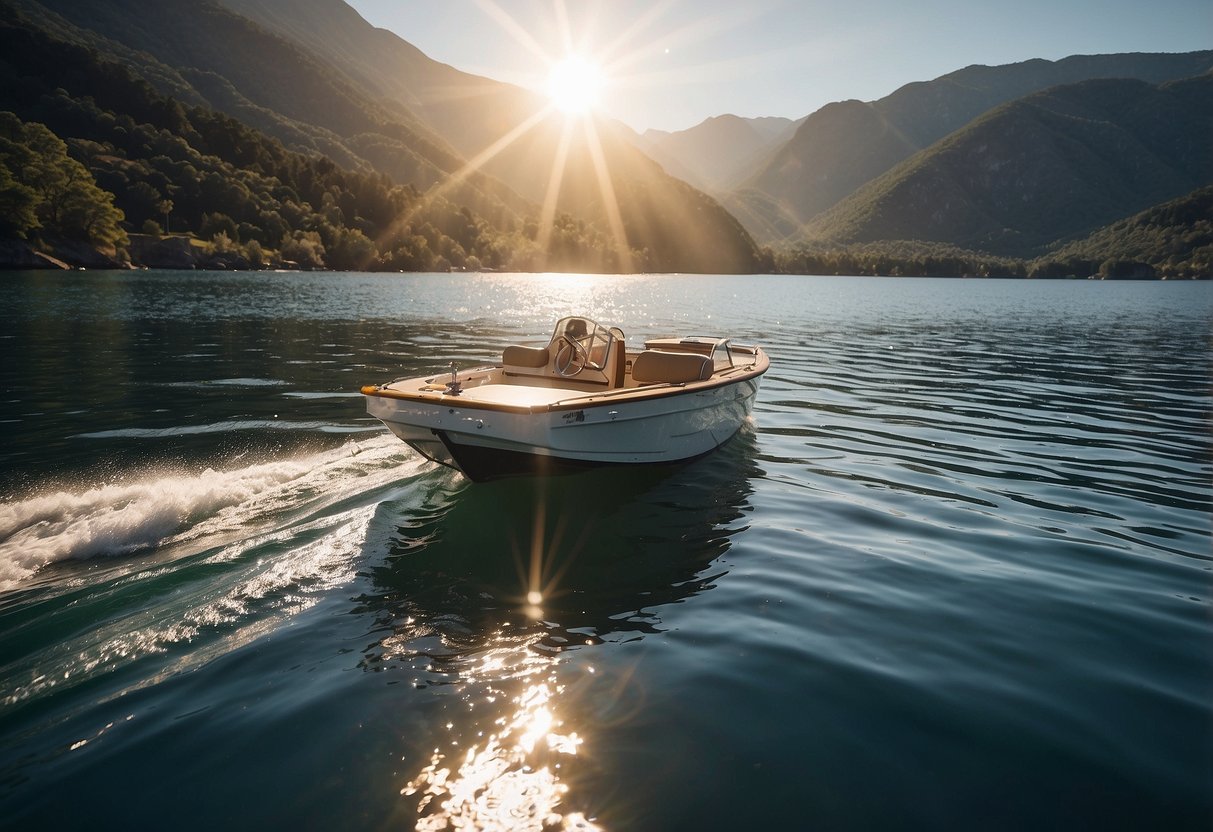 A boat cruising on calm waters under a bright sun. The sky is clear and the sun is high, indicating peak sun hours. The boat is equipped with shaded areas and passengers are following the 7 tips for boating in hot weather