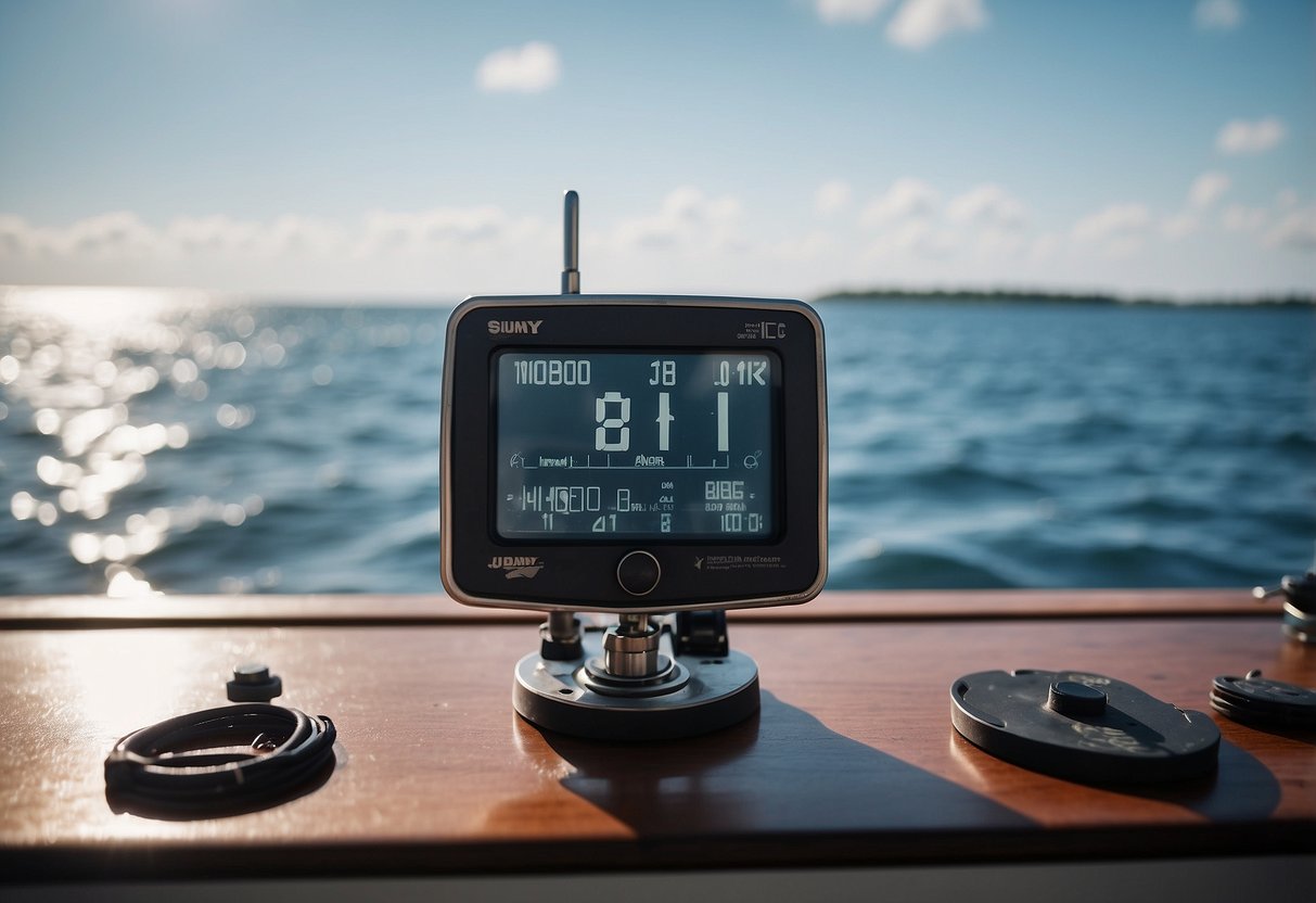 Sunny sky, calm water, boat on the horizon. Weather monitor on deck. Hot weather boating tips in background