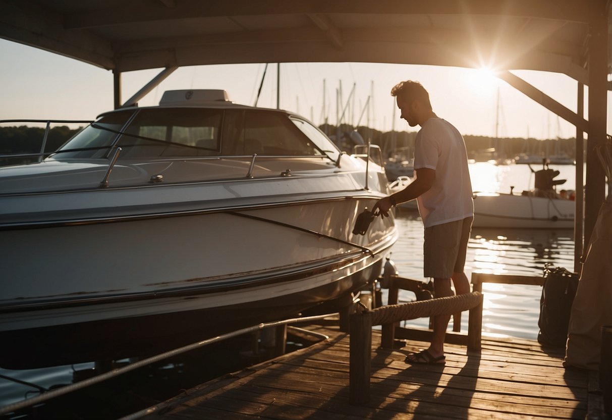 A boat sits on a dock under a scorching sun. A person applies sunscreen to the hull. Another person wipes sweat from their brow while checking the engine. The air shimmers with heat