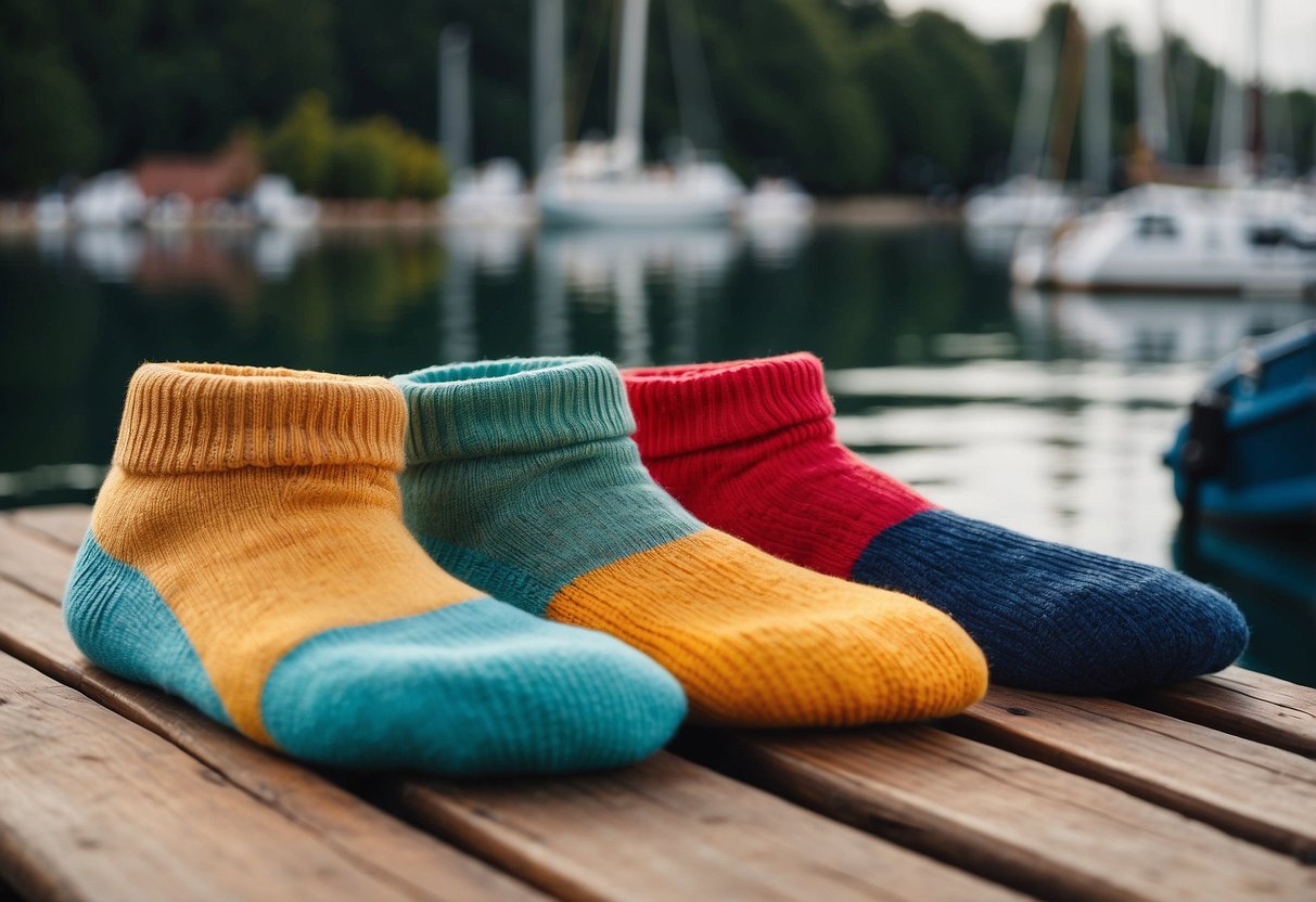 A pair of colorful boating socks arranged neatly on a wooden dock, with a sailboat in the background on calm waters