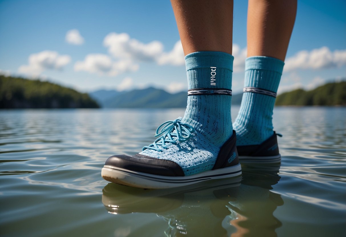 A pair of DexShell Waterproof Breathable Socks floating on calm water with a boat in the background. The socks are surrounded by a serene and peaceful atmosphere, with a clear blue sky and gentle ripples on the water's surface