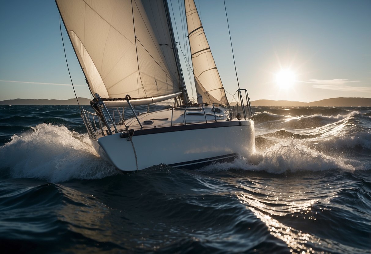 A sailboat glides through choppy waters, with waves splashing against the hull. The deck is wet, but the sailor's feet remain dry in SealSkinz Waterproof All Weather Mid Length Socks