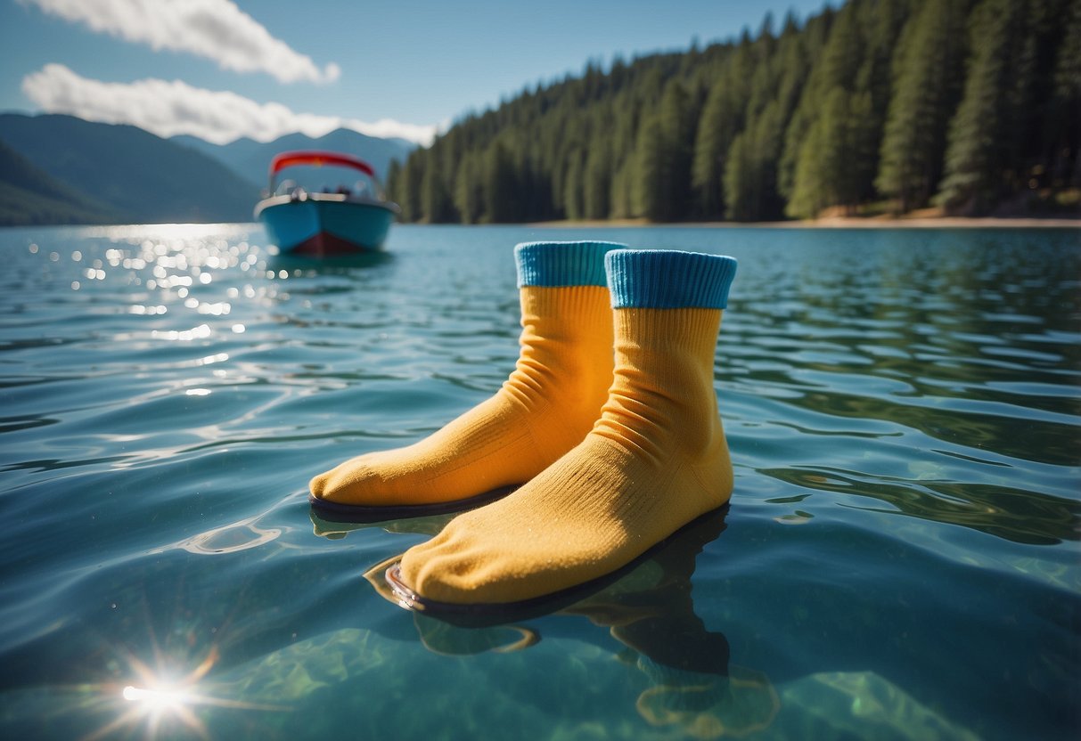 Brightly colored socks floating on a calm, blue lake with a boat in the background. Sunlight glistening off the water