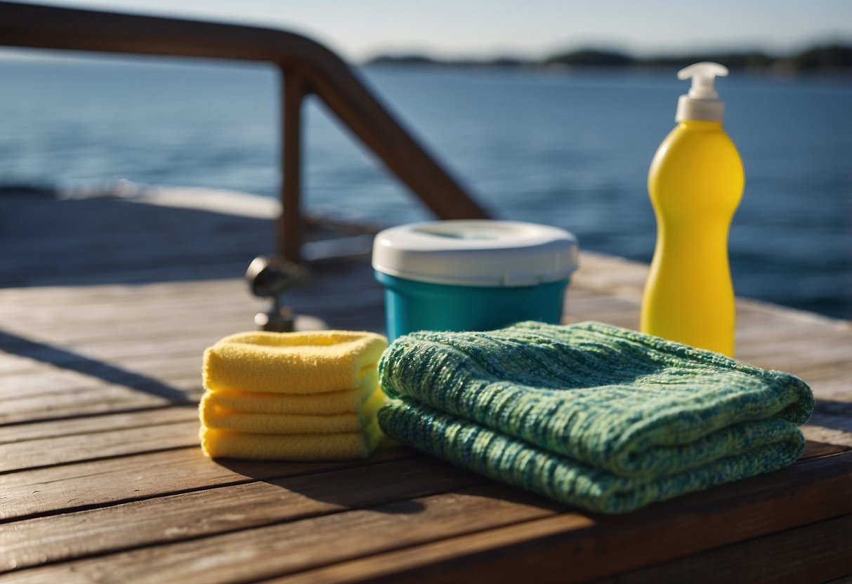 A pair of boating socks laid out next to a bottle of detergent and a brush, with a boat deck in the background