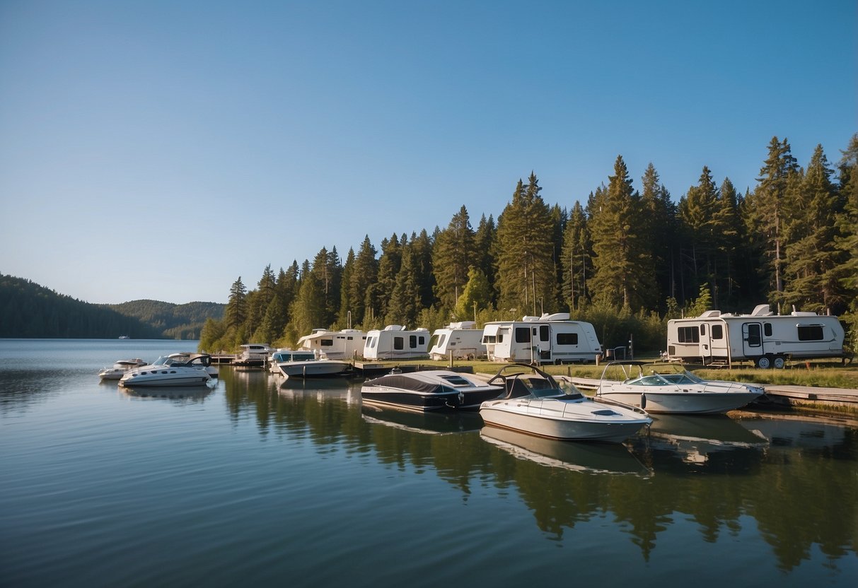 Boats docked at waterfront campsites, surrounded by lush greenery and calm waters, with clear blue skies overhead