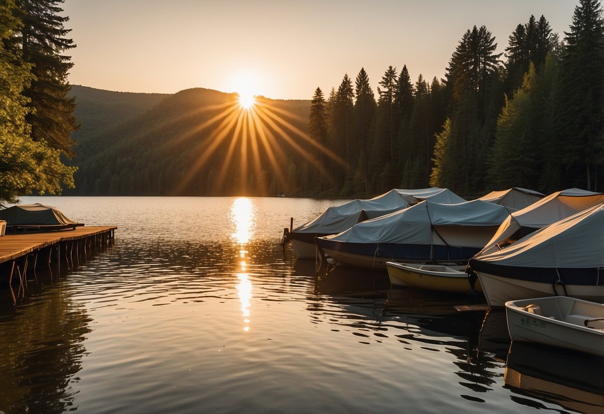 A serene lakeside with boats docked at designated campsites, surrounded by lush greenery and towering trees. The sun sets in the distance, casting a warm glow over the tranquil scene