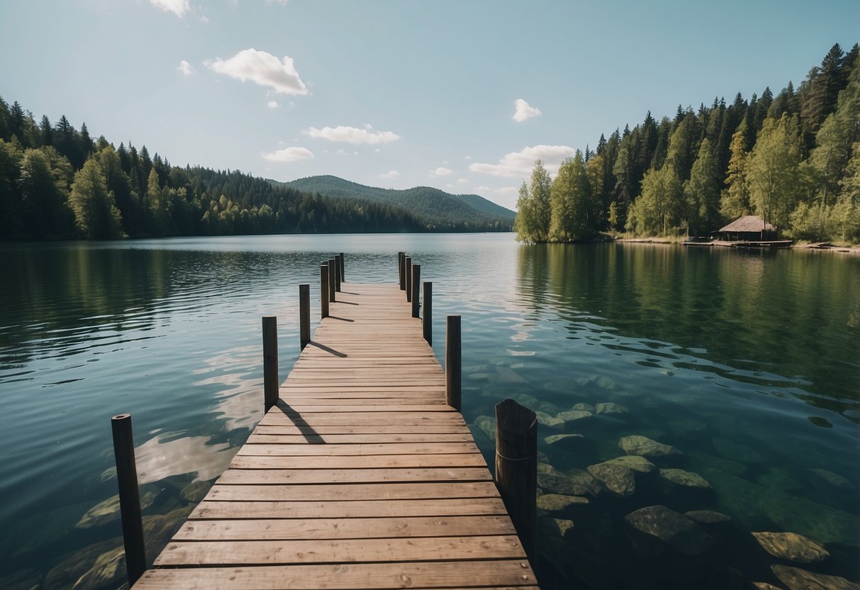 A serene lake surrounded by lush greenery, with a dock for boaters. Clear blue skies and calm waters, showcasing the harmony between nature and recreational activities