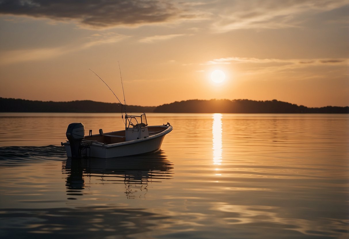 A small boat glides across calm waters, a fishing rod and cooler visible on deck. The sun sets in the distance, casting a warm glow on the scene