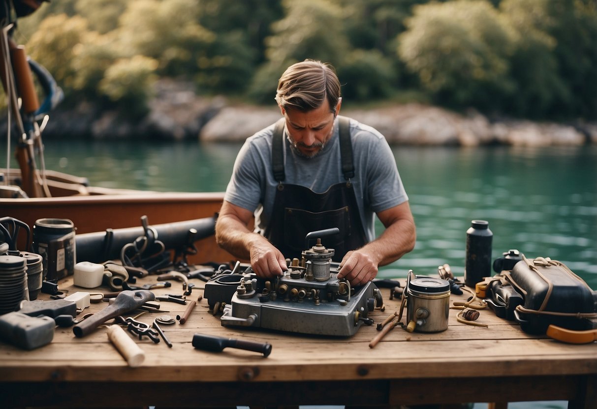 A person repairing a boat engine with tools and spare parts scattered around on a budget-friendly workbench near the water