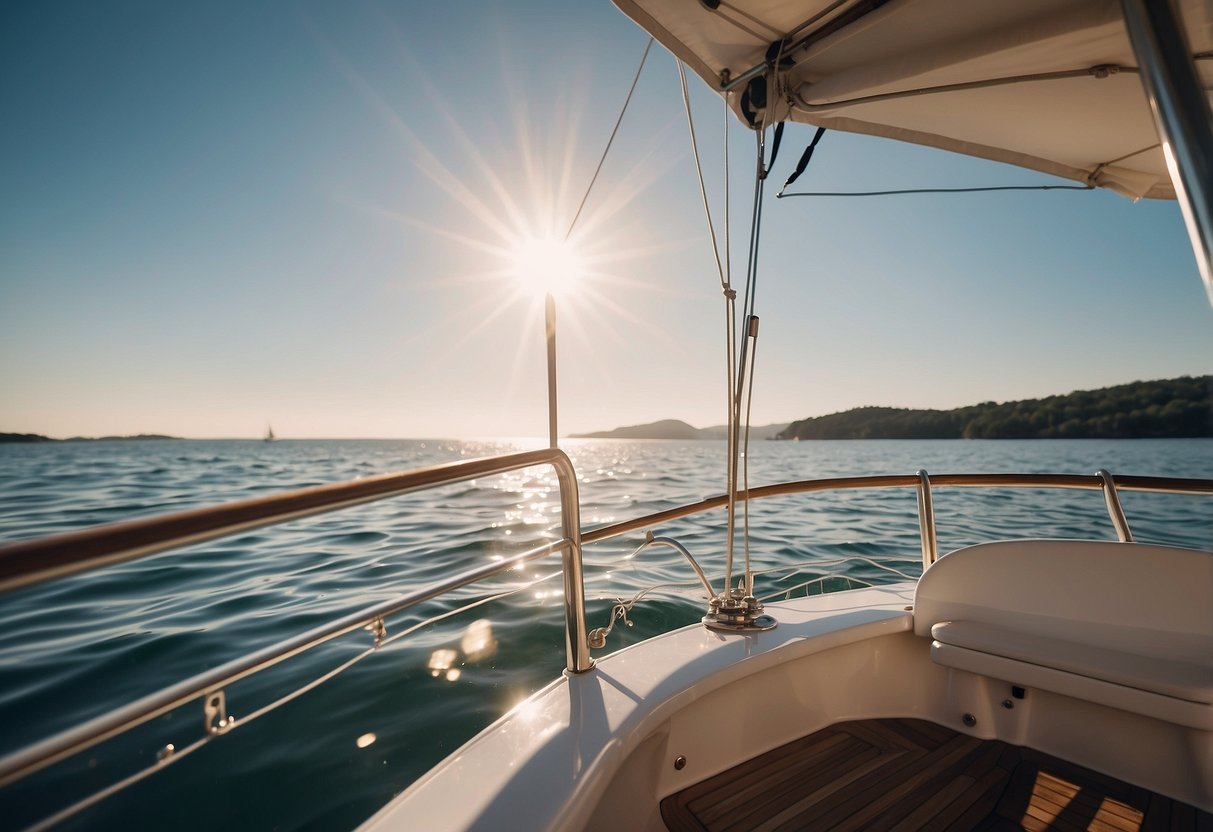 A boat sailing on calm waters, with a smartphone displaying discount apps on the deck. The sun is shining, and the boat is surrounded by beautiful scenery