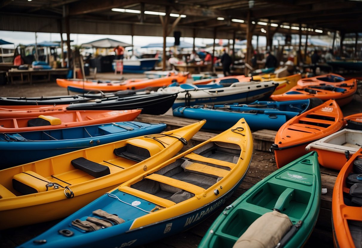 A colorful marketplace with various second-hand boating gear on display, including life jackets, oars, and fishing equipment. Bargain signs and friendly vendors attract budget-conscious boaters