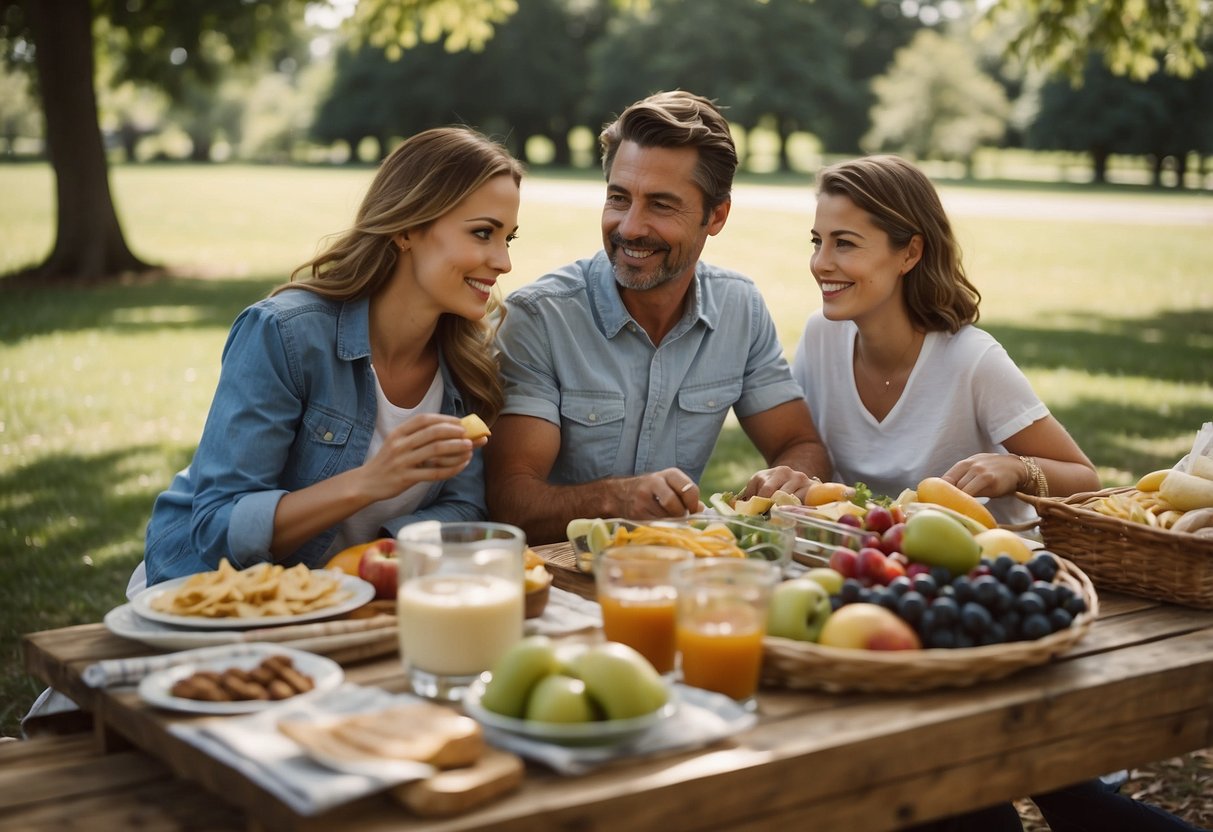 A family sits at a picnic table, packing a cooler with sandwiches, fruit, and snacks. A map and guidebook lay open, as they plan their meals for a budget-friendly boating trip