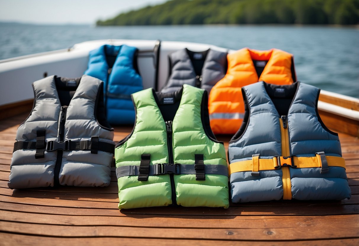 Five lightweight vests on a boat deck, with various colors and designs. The sun is shining, and the water is calm, creating a serene boating atmosphere