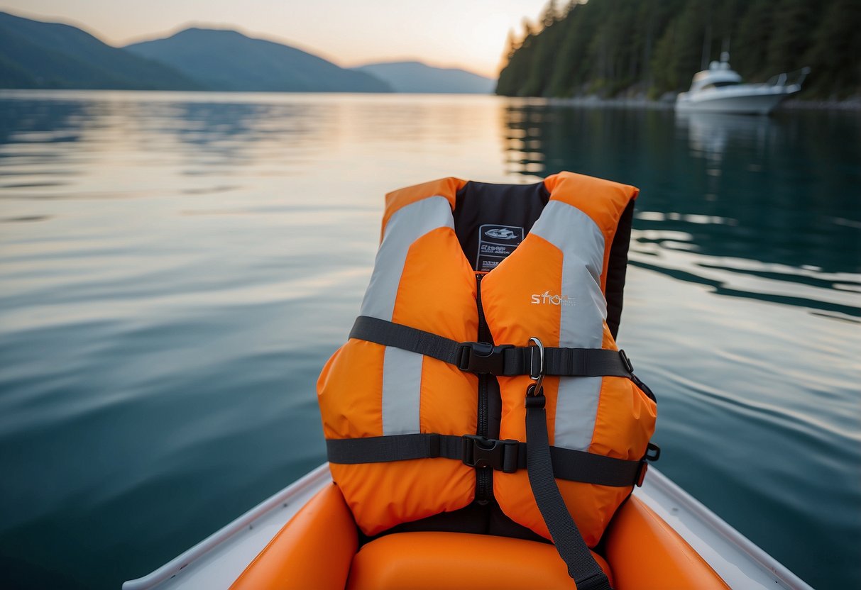 A bright orange Stohlquist Edge life jacket floats on calm blue waters, with a sleek boat in the background. The lightweight vest is shown with its reflective stripes and secure buckles