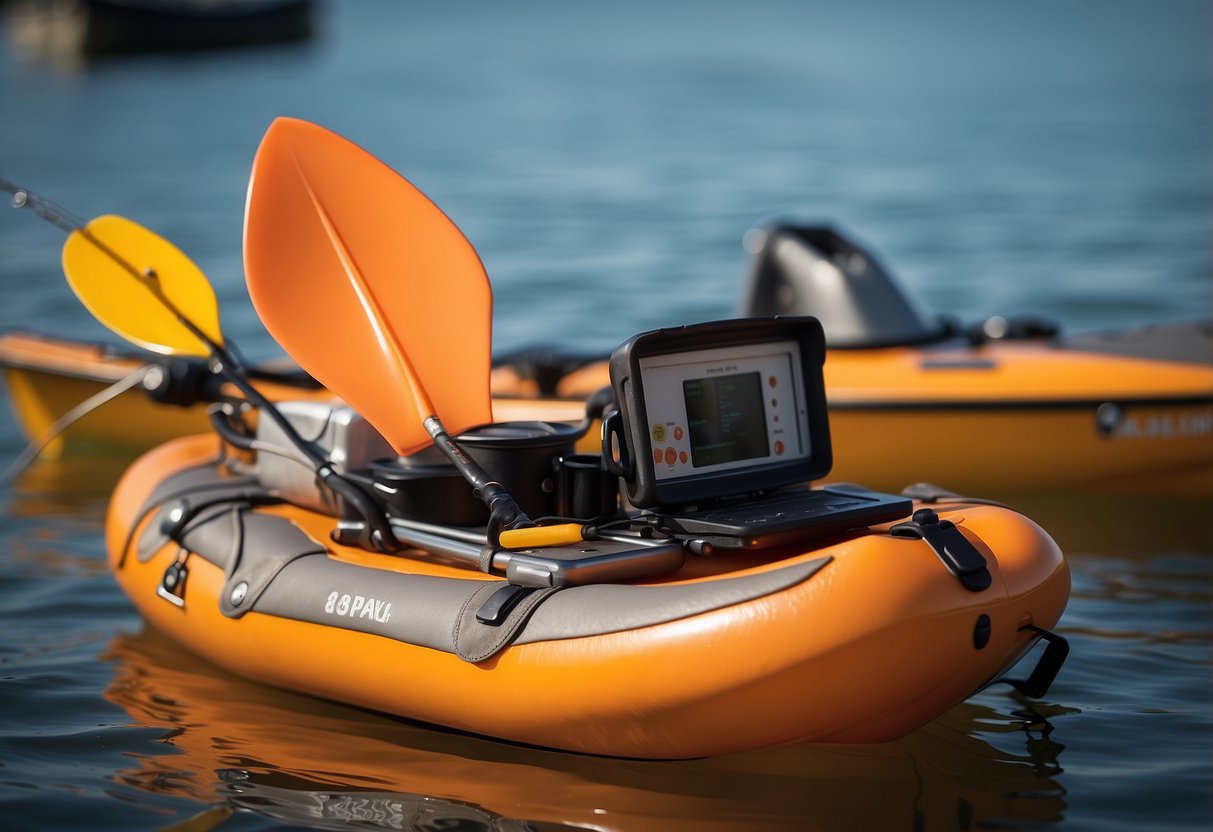 A bright orange Astral V-Eight Fisher PFD floats on calm water, surrounded by a kayak, fishing rod, and tackle box