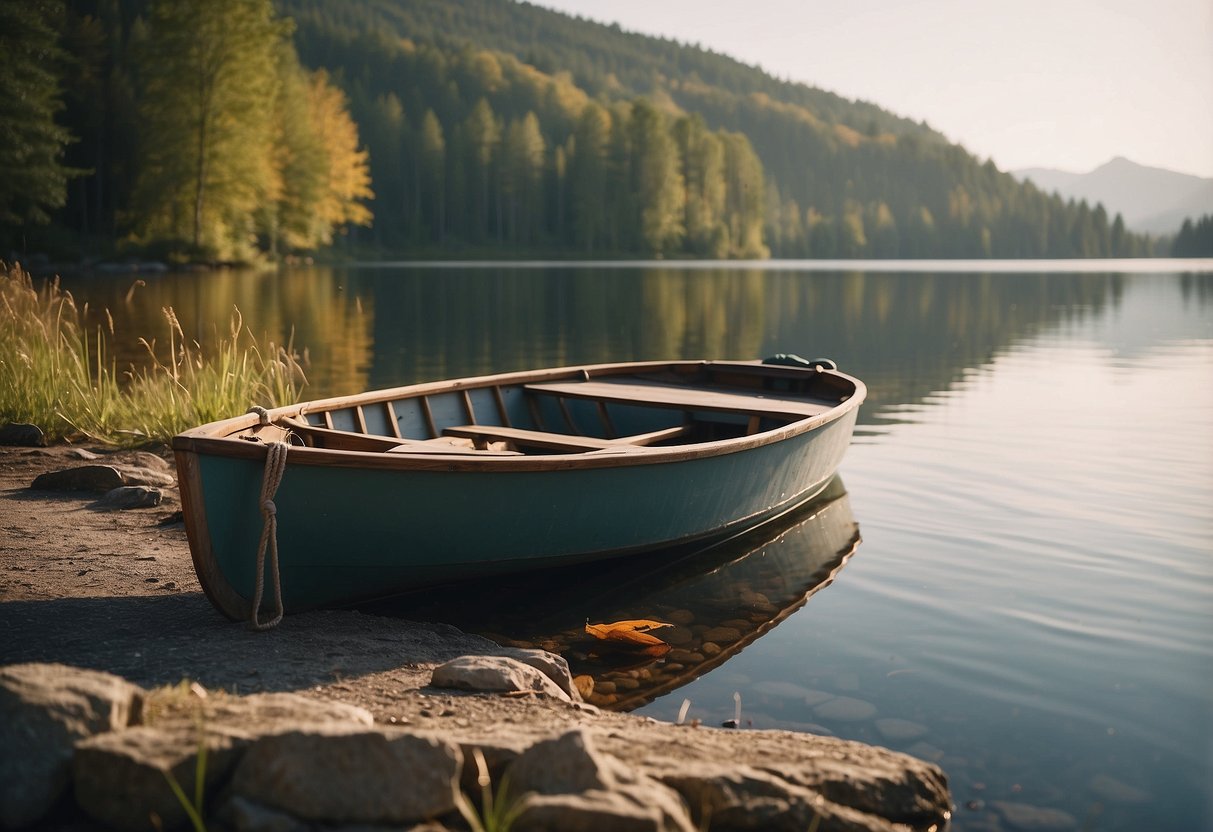 A calm lake with a boat in the background, showcasing the lightweight vests hanging on the side. The sun is shining, creating a peaceful and inviting atmosphere