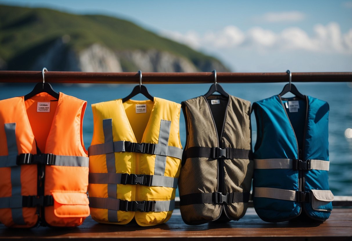 A person standing on a boat, looking at 5 different lightweight vests. The vests are displayed neatly on a rack or table, with the ocean in the background