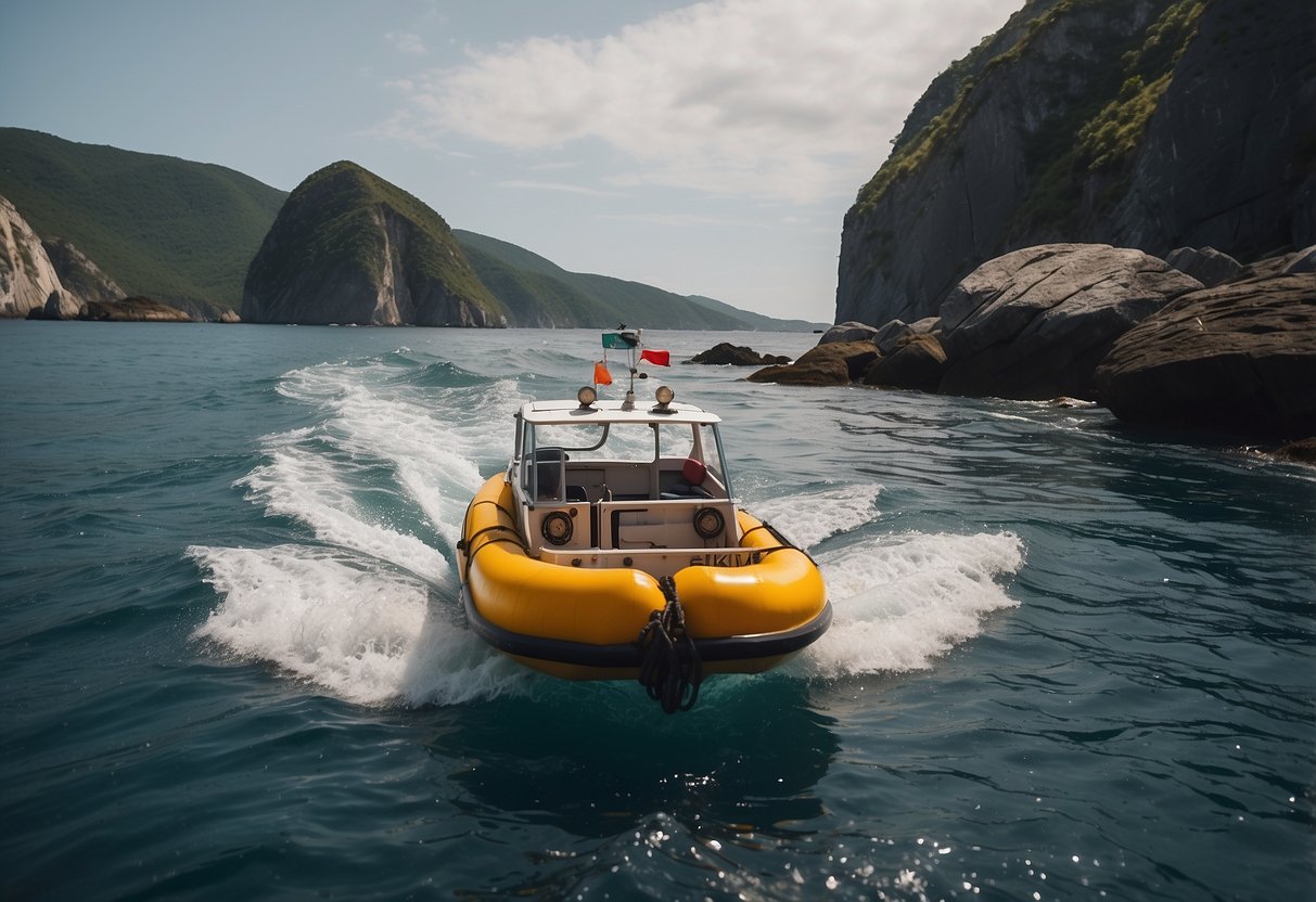 Boat heading towards rocks, ignoring navigation buoys. Anchor not properly secured, drifting away. Overloaded with passengers, causing instability. No life jackets visible