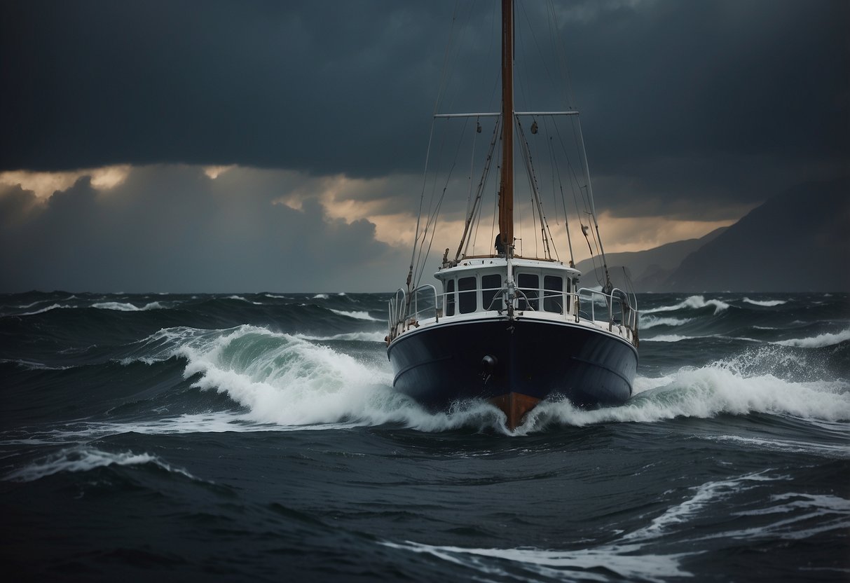 A boat sails into stormy seas, dark clouds looming overhead. Waves crash against the hull as the captain looks on in distress