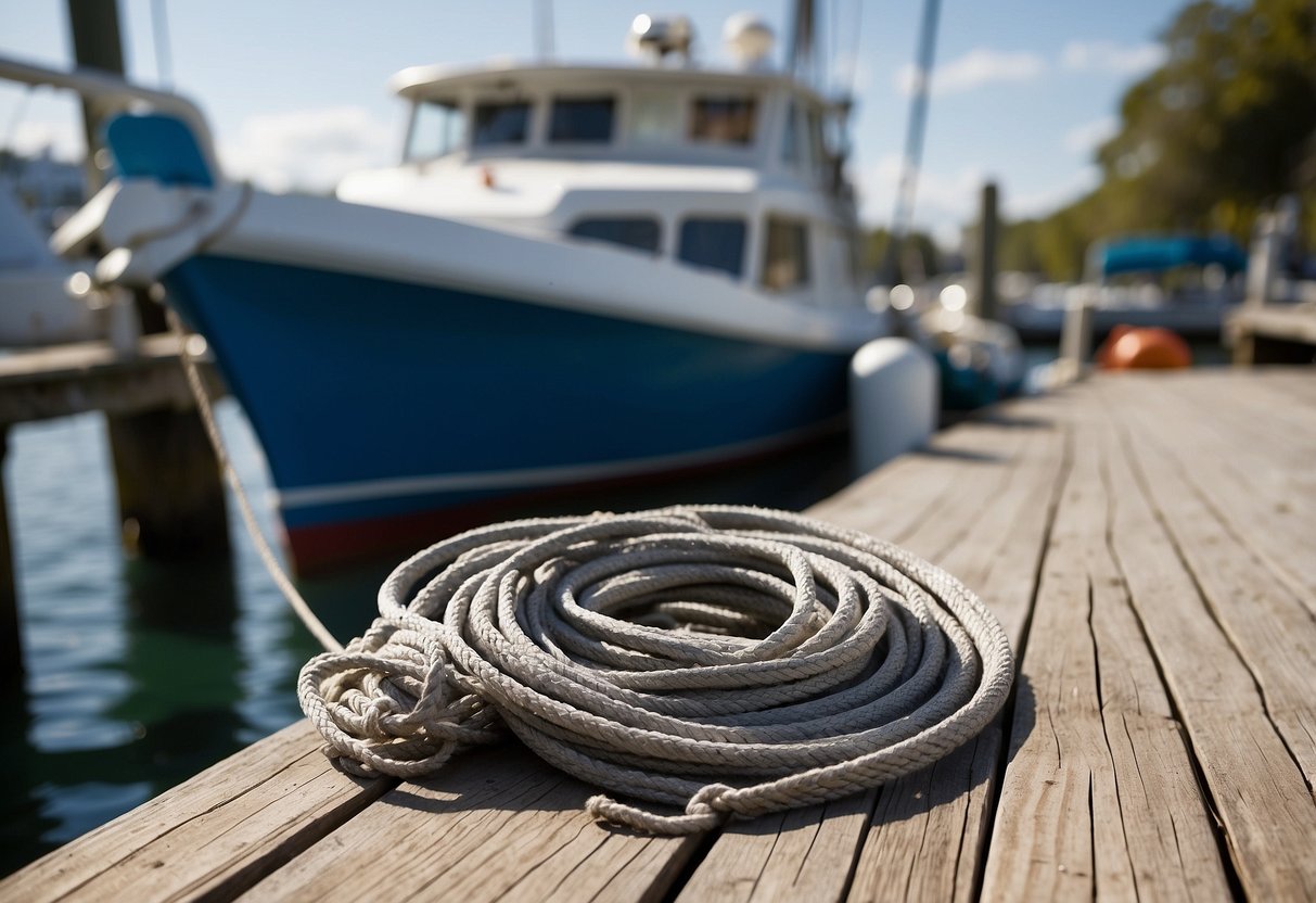 A boat is improperly tied to a dock, with the mooring lines tangled and slack. The boat is at risk of drifting away or causing damage