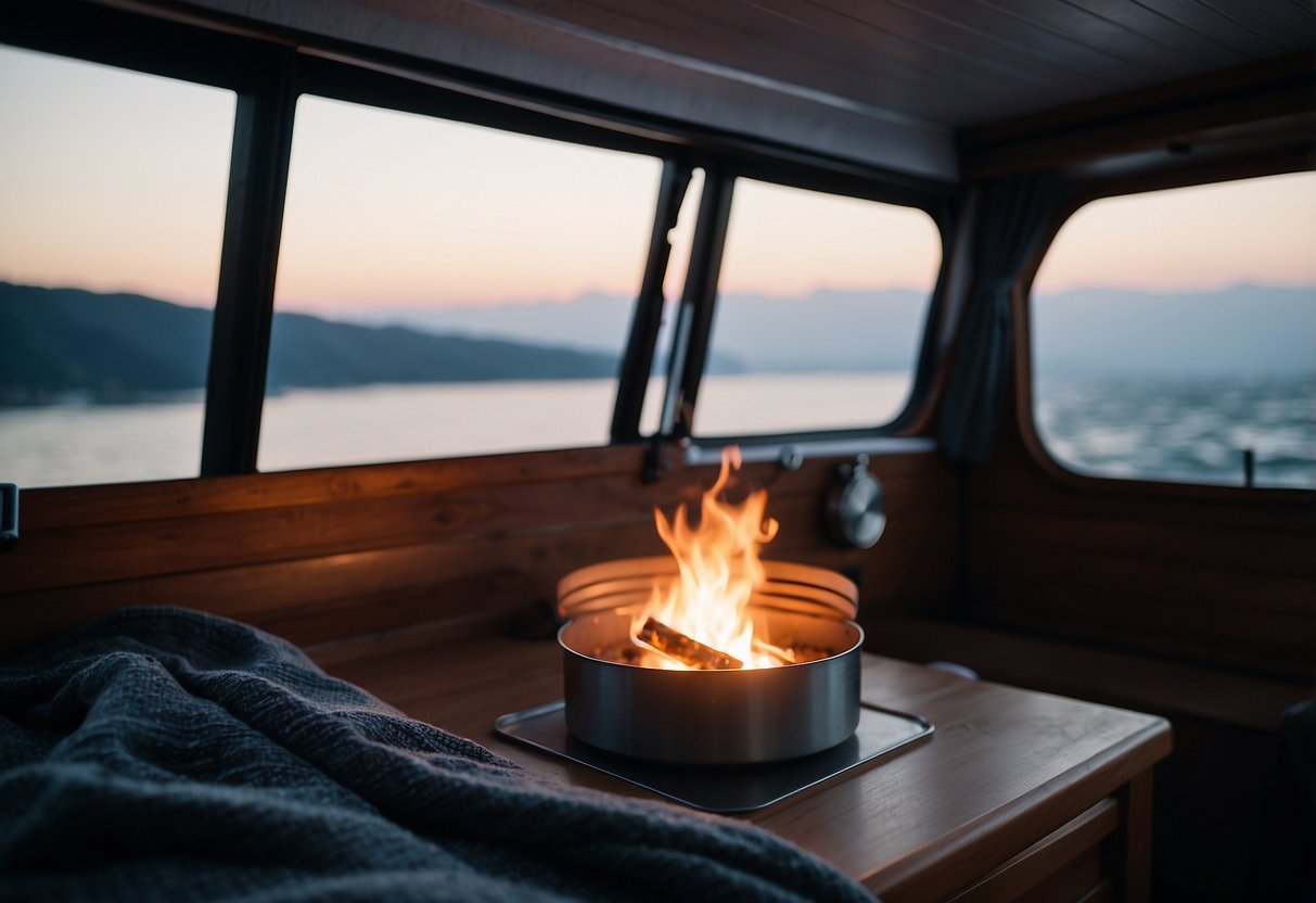 A cozy boat cabin with a crackling fire, warm blankets, hot drinks, and insulated clothing. Outside, calm waters and a clear sky