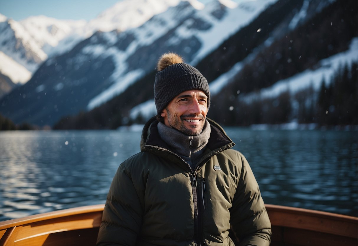 A person wearing thermal layers, gloves, and a hat while boating in cold weather. The boat is surrounded by water and there are snow-capped mountains in the background