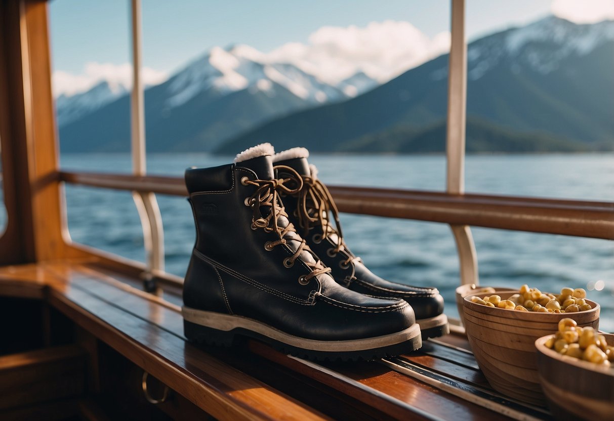 A boat cruising through icy waters, with a pair of insulated boots placed prominently on the deck. Snow-capped mountains in the background, and a cozy atmosphere on board