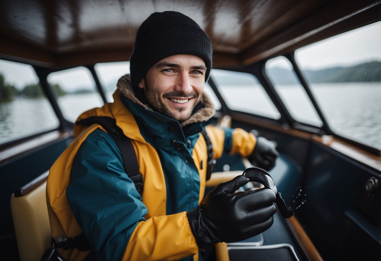 A person wearing waterproof gloves while boating, with tips for staying warm