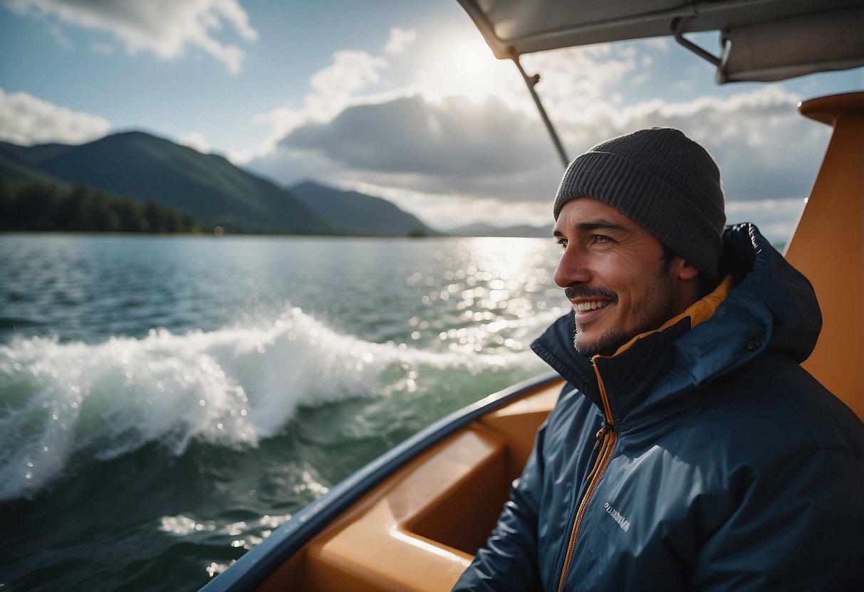 A person zipping up a windproof jacket on a boat, with waves in the background