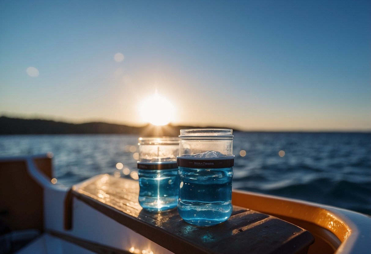 Hand warmers placed strategically on a boat deck, surrounded by cold water, with a clear blue sky in the background