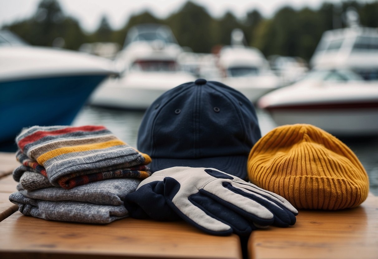 A person preparing warm clothing and gear for boating. Gloves, hats, and layers are laid out on a table. A boat is visible in the background