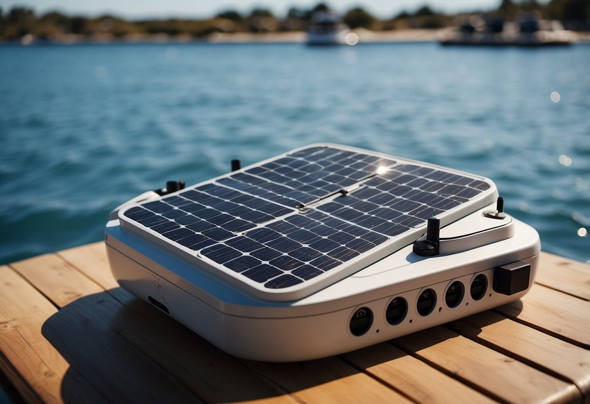 A boat deck with 5 solar chargers neatly arranged, surrounded by calm water and a clear blue sky