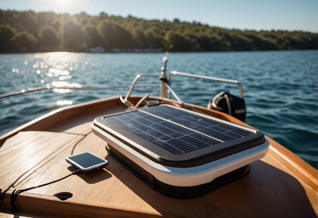 A sunny day on a boat with the Nekteck 28W Solar Charger attached to the deck, powering electronic devices while surrounded by water and clear skies