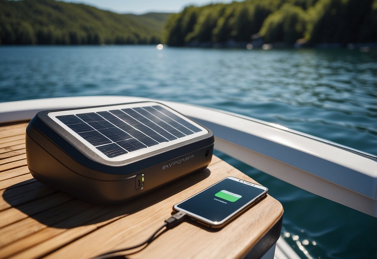 A sunny day on a boat, with the RAVPower 24W Solar Charger attached to the deck, powering up electronic devices. Blue skies and calm waters surround the boat