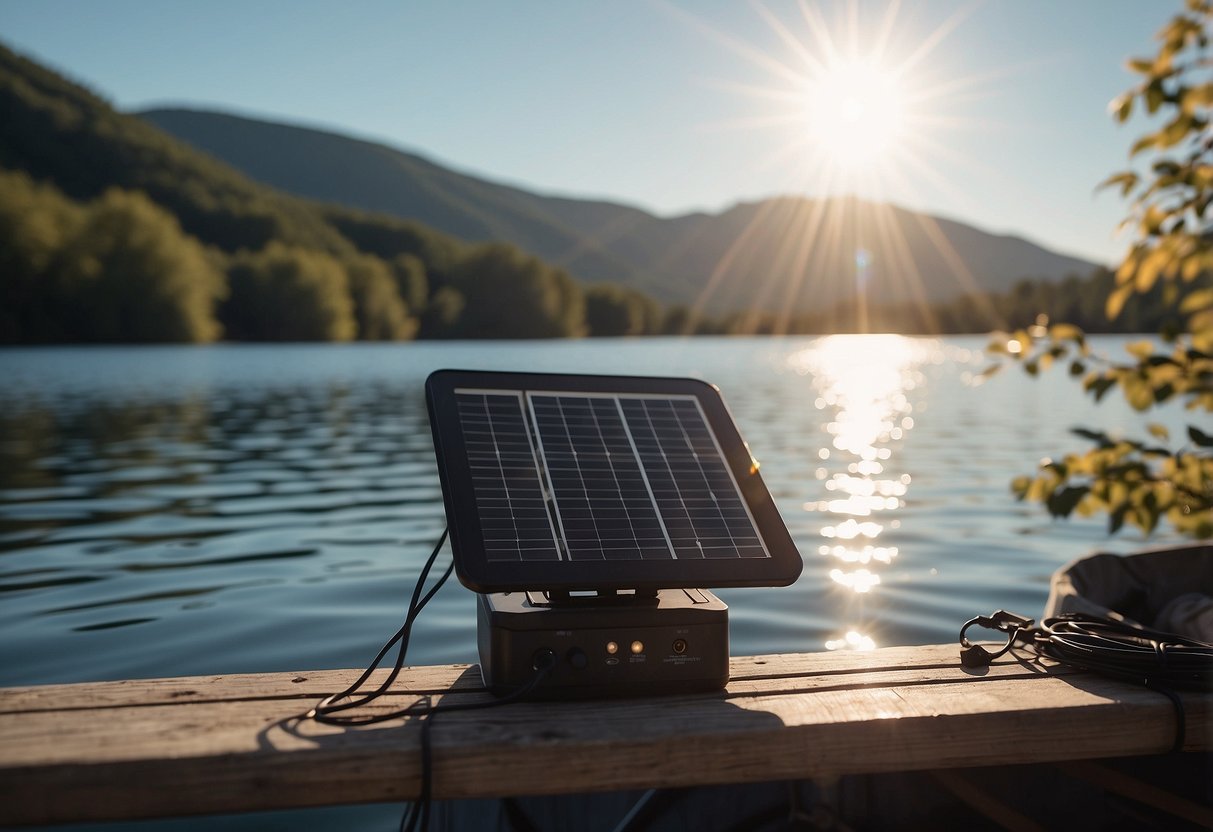 The sun shines down on a tranquil lake, where a boat is anchored. A solar charger is attached to the boat, harnessing the sun's energy to power electronic devices