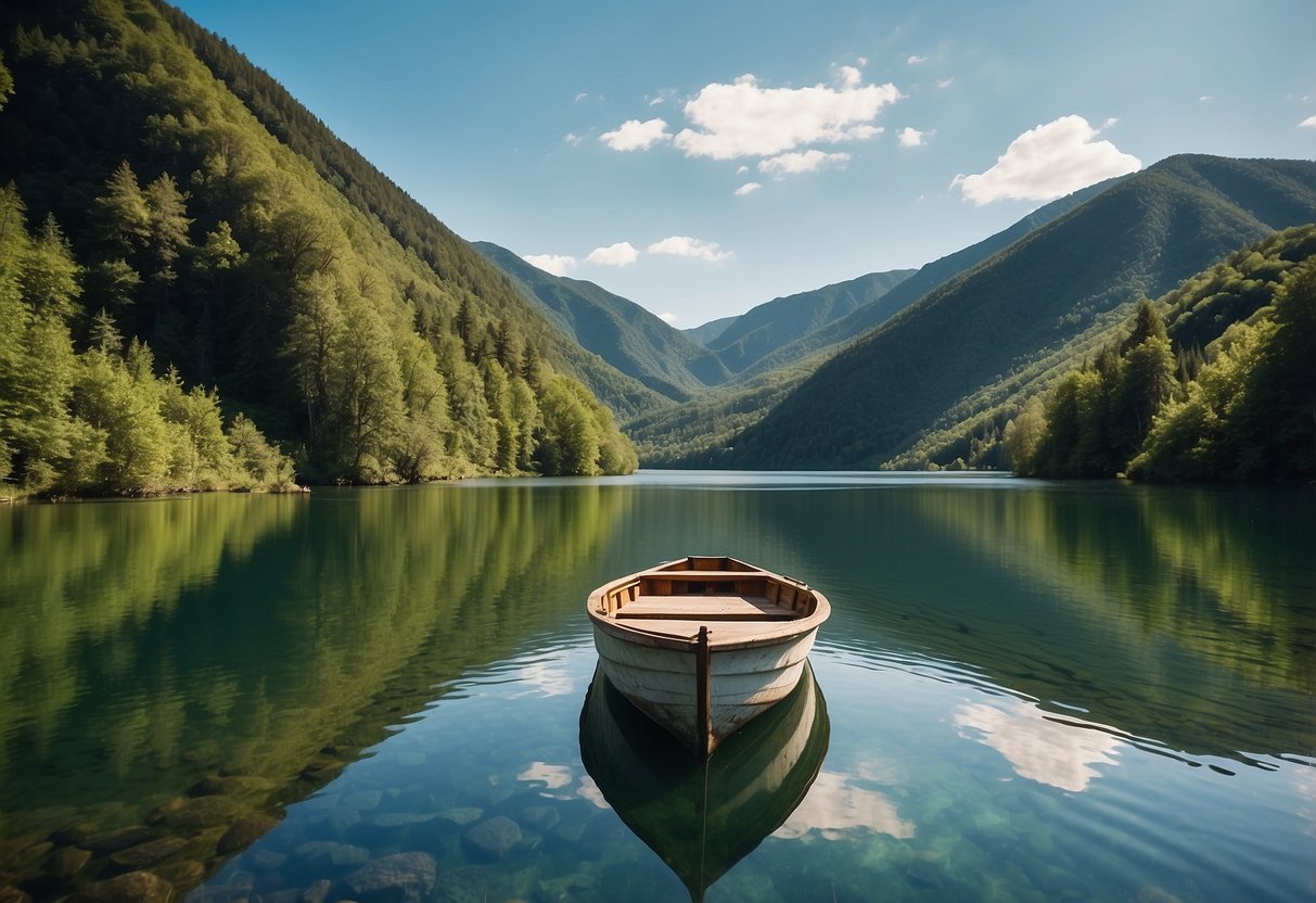 A serene river winds through lush green mountains, reflecting the clear blue sky. A small boat glides peacefully along the water, surrounded by nature's beauty