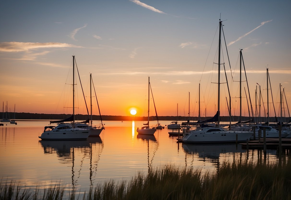 The sun sets over Chesapeake Bay, casting a golden glow on the calm waters. Sailboats and yachts dot the horizon, gliding through the picturesque landscape of marshes and wooded shores