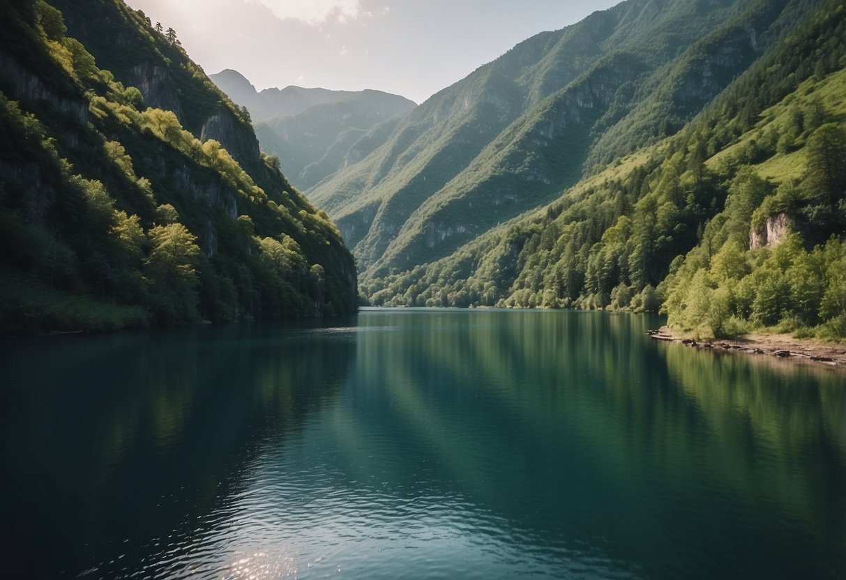 A serene lake with lush greenery on the banks, a winding river cutting through a scenic valley, and a majestic coastline with towering cliffs and crashing waves