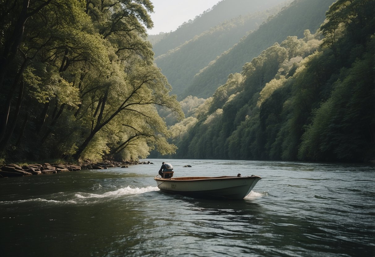 A serene river winds through lush forests, with a variety of wildlife and birds. A boat glides peacefully, leaving a gentle wake behind. The surrounding landscape is pristine and untouched