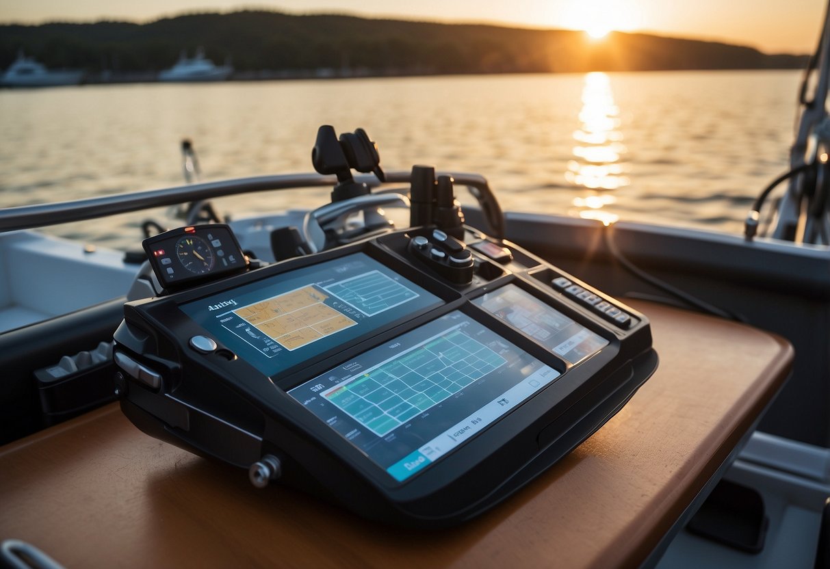 The sun sets over a calm, blue ocean as a sleek boat is loaded with supplies. Maps, navigation tools, and emergency equipment are neatly organized on deck. A checklist is checked off before departure