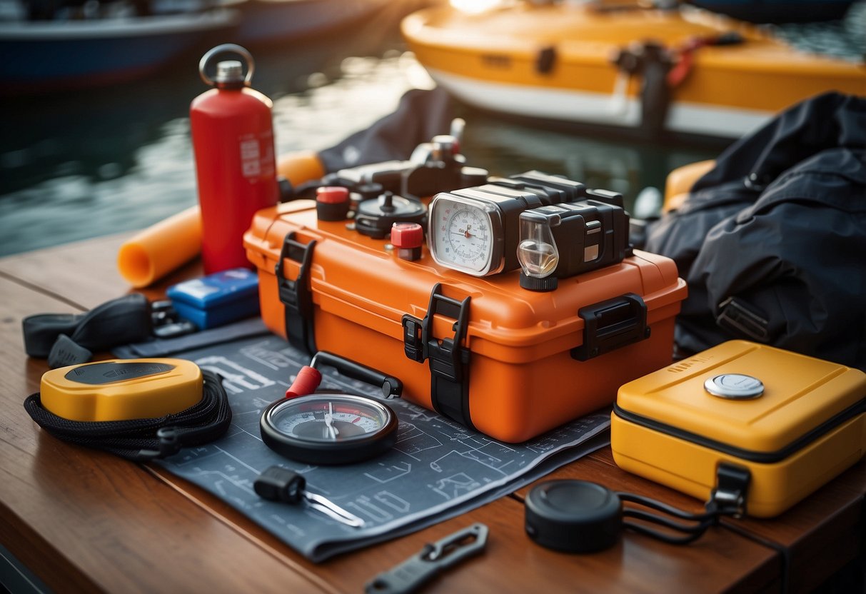 A boat being loaded with safety equipment: life jackets, first aid kit, flares, fire extinguisher, and emergency radio. Map and compass on the table