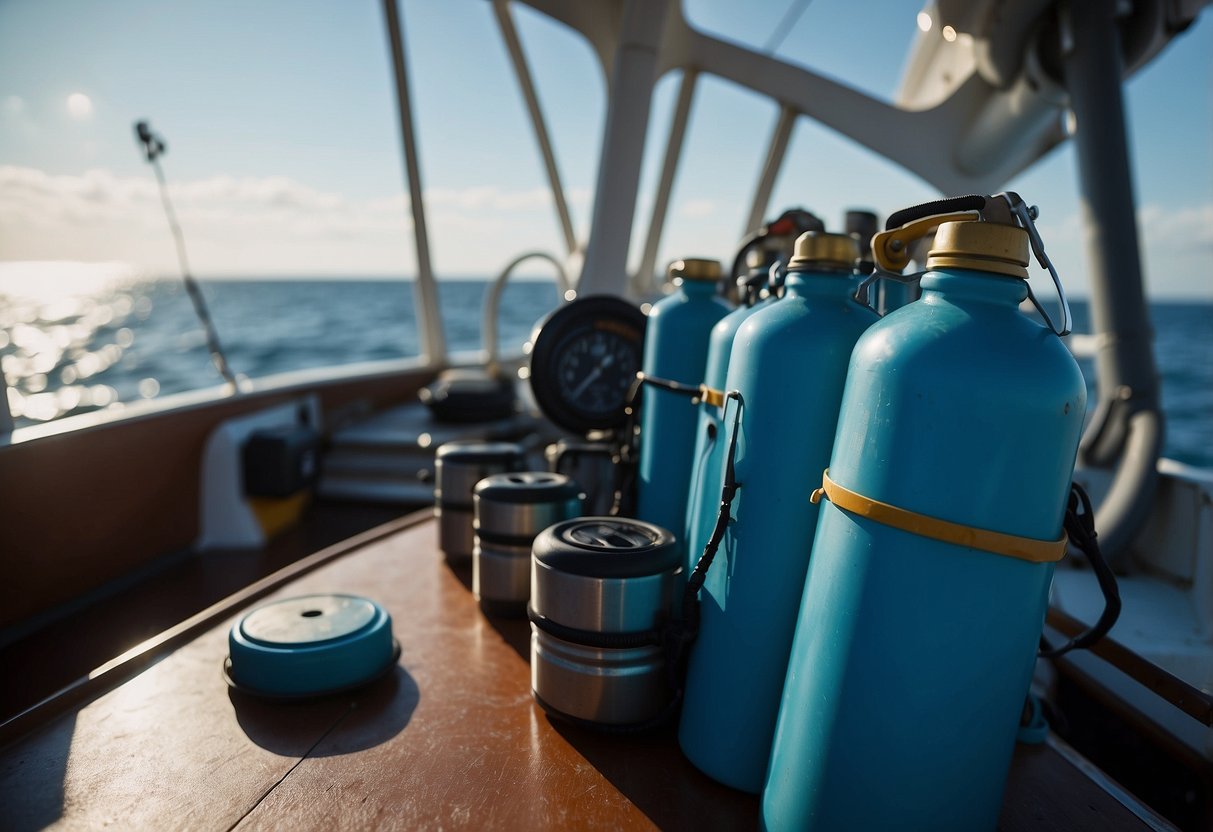 A boat on a calm, blue ocean with a fuel canister and other supplies neatly organized on deck for a long-distance trip