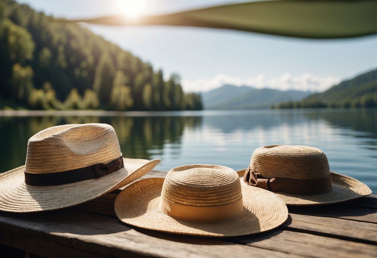 A sunny day on a calm lake, with a small boat gliding through the water. A variety of lightweight boating hats are laid out on a table, with the beautiful scenery in the background