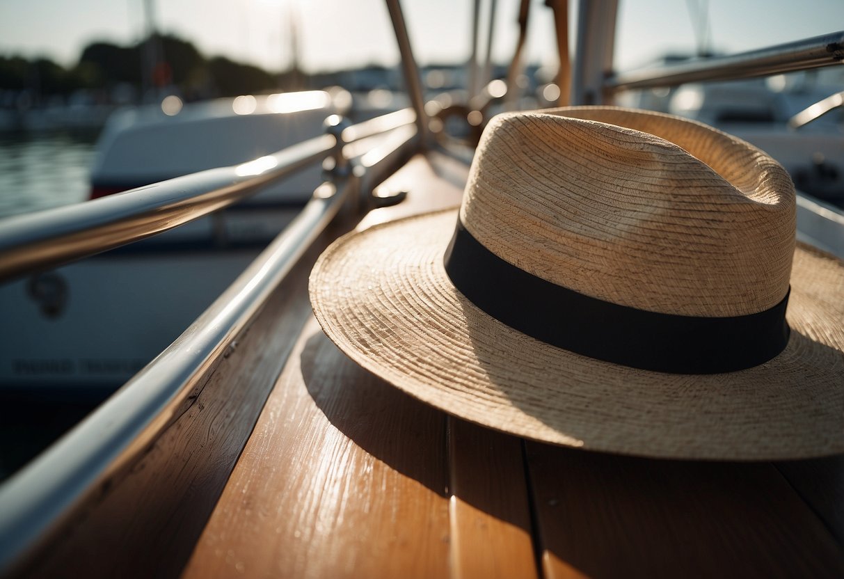 A wide-brimmed hat rests on a boat seat, with a gentle breeze ruffling its lightweight fabric. The sun shines overhead, casting a shadow over the hat's adjustable chin strap