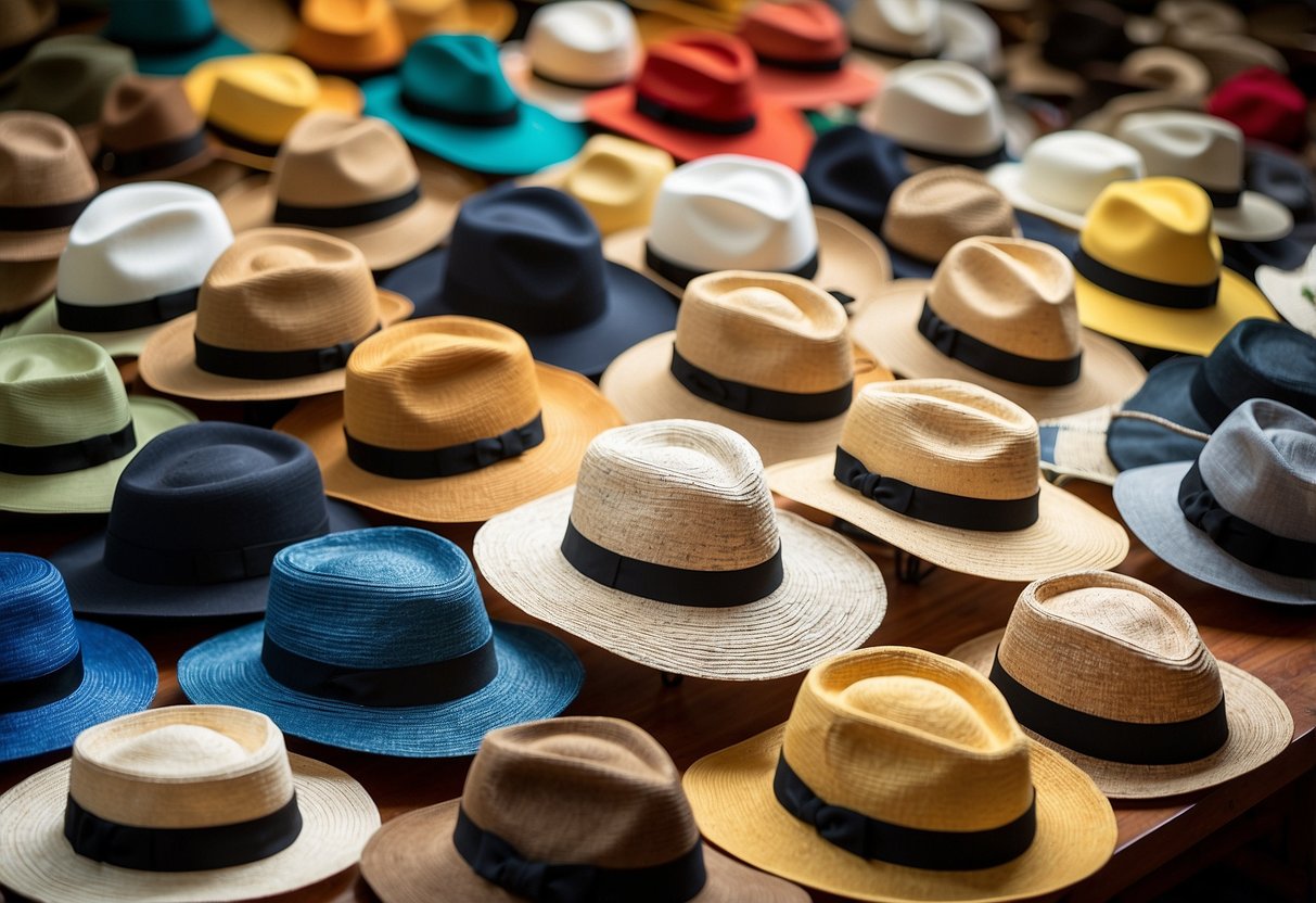 A table displaying various lightweight boating hats made of breathable fabrics and materials such as straw, nylon, and quick-drying polyester