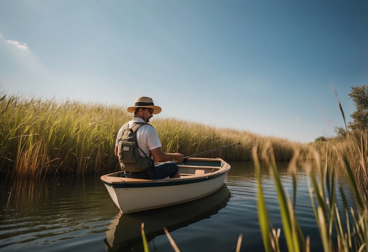 A sunny day on a calm lake, with a person in a lightweight boating hat fishing from a small boat, surrounded by tall grass and reeds