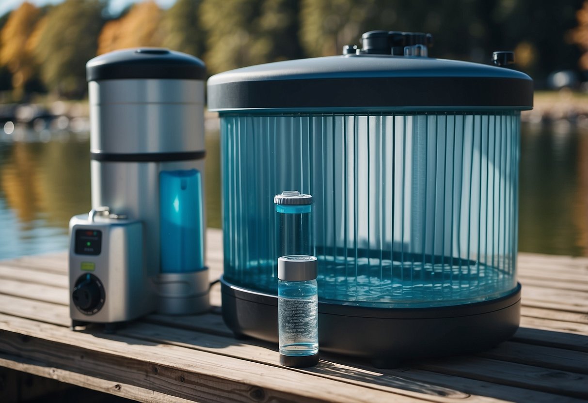 Water flows through a portable filter, while UV light sterilizes another container. Boating equipment surrounds the purification setup on a calm, sunny day